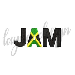 Pode incluir: Letras pretas que soletram a palavra "JAM" com o "A" substituído pela bandeira da Jamaica.