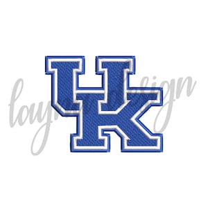 May include: An embroidered patch featuring the letters UK in a block font. The letters are royal blue with a thick white outline and a secondary royal blue border, creating a layered appearance with a visible stitched texture throughout the design.