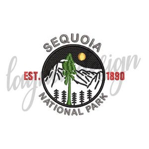 May include: Embroidered patch featuring the Sequoia National Park emblem. The design includes a tree, mountains, and a sun, with the text "SEQUOIA NATIONAL PARK" and "EST. 1890" in a circular arrangement. The patch is primarily black, green, and white.