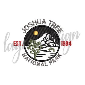 May include: Embroidered patch with the Joshua Tree National Park logo. The design features a Joshua tree, mountains, and a sun against a black backdrop. Text reads "Joshua Tree National Park" and "Est. 1994".