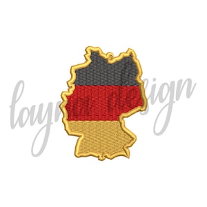 May include: An embroidered patch in the shape of Germany with the German flag colors: black, red, and gold.