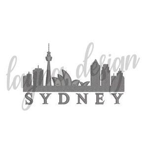 Könnte beinhalten: Eine schwarz-weiße Silhouette der Skyline von Sydney, einschließlich des Sydney Opera House und der Harbour Bridge. Der Text "SYDNEY" befindet sich unterhalb der Skyline.