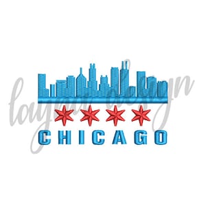May include: An embroidered design of the Chicago skyline in blue with five red stars and the word "CHICAGO" in blue.