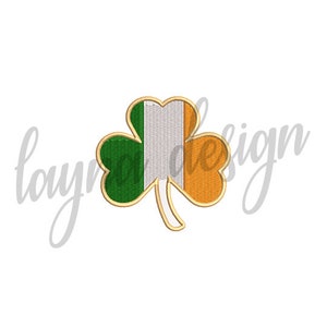 May include: A green shamrock with a gold outline, featuring the Irish flag colors of green, white, and orange.