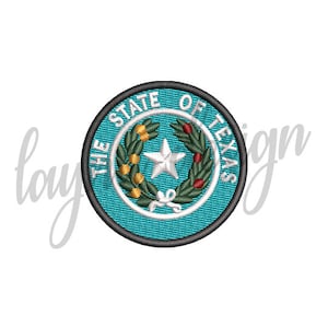 Könnte beinhalten: Gestickter Aufnäher mit dem offiziellen Siegel des Staates Texas. Das Siegel ist ein blauer Kreis mit einem weißen Stern und einem Kranz aus grünen Blättern mit roten Beeren. Der Text "The State of Texas" ist um den Kreis herum geschrieben.