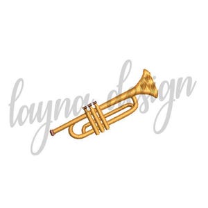 Könnte beinhalten: Eine goldene Trompete mit aufwendigen Details, vor weißem Hintergrund. Das Instrument hat einen Schalltrichter, Ventile und ein Mundstück und zeigt ein klassisches Design. Das Bild enthält den Text "layna design".