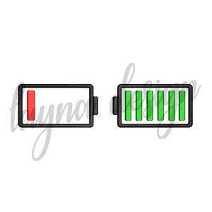 Puede incluir: Dos iconos de batería, uno rojo y otro verde, que muestran una batería baja y una batería llena.