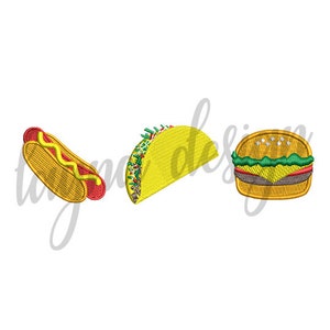 2 Sizes Fast foods Taco, Hamburger, Hotdog Design - Machine Embroidery Design File