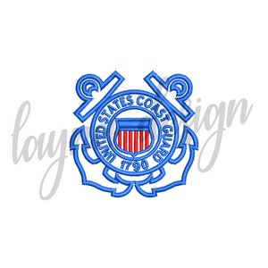 May include: Blue embroidered patch with the United States Coast Guard emblem. The emblem features a shield with red and white stripes and the words "United States Coast Guard 1790".