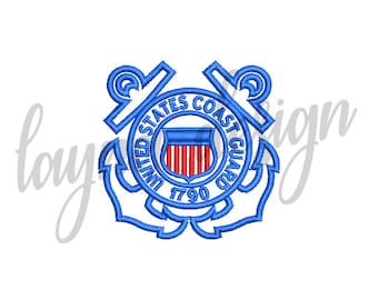 May include: Blue embroidered patch with the United States Coast Guard emblem. The emblem features a shield with red and white stripes and the words "United States Coast Guard 1790".