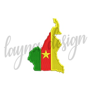 May include: An embroidered outline of the country of Cameroon with the flag colors of green, red, and yellow. A yellow star is in the center of the red portion of the flag.