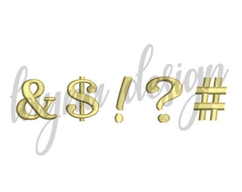 May include: Gold-colored ampersand, dollar sign, exclamation point, question mark, and hashtag symbols. The symbols are in a decorative font, set against a white background. The image has a design watermark in the background.