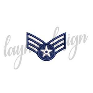 May include: An embroidered patch in blue and white with a five-pointed star in the centre. The patch has three stripes on each side.