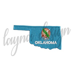 May include: An embroidered patch of the state of Oklahoma. The patch is blue with a white outline of the state and the word "OKLAHOMA" in white letters. The state seal is in the center of the patch, which is a red and white circle with a green feather and a white star.