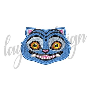 May include: Embroidered patch of a stylized cat face with a wide grin. The cat has blue fur, large yellow eyes, and pink accents on the ears and nose. The design is detailed with black outlines and white teeth.