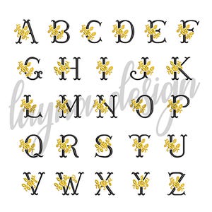 Könnte beinhalten: Ein schwarzes und goldenes Alphabet mit floralen Akzenten. Jeder Buchstabe ist schwarz umrandet und hat eine kleine Gruppe goldener Blumen in der oberen Ecke.
