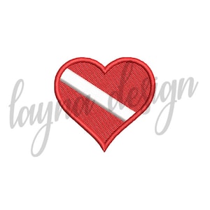 May include: Red heart-shaped patch with a white diagonal stripe across the center. The patch is a scuba diving symbol.