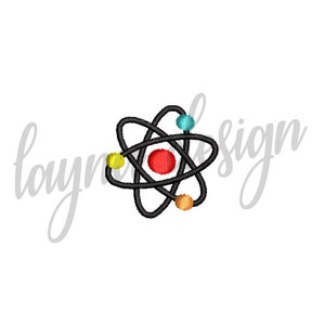 May include: A black and white atom with a red center and four colored circles around it. The circles are yellow, blue, green, and orange.