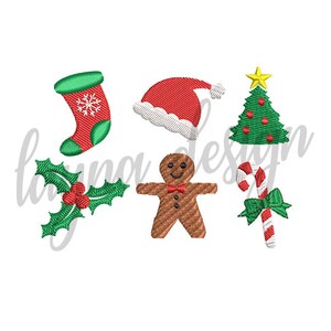 May include: Embroidered Christmas designs featuring a stocking, Santa hat, gingerbread man, candy cane, and a Christmas tree.
