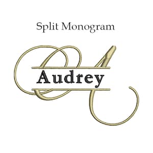 May include: Split monogram embroidery design featuring the letter "A" with the name "Audrey" in a black font on a white background.