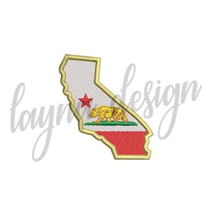 May include: An embroidered patch in the shape of the state of California with the California state flag design. The flag features a grizzly bear, a red star, and red, white, and green stripes.