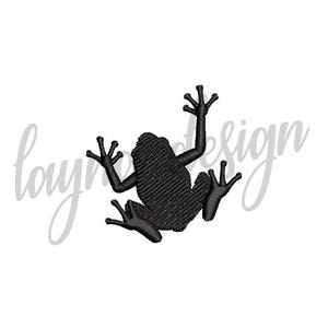 Puede incluir: Diseño de bordado de una rana negra sobre fondo blanco. La rana tiene extremidades extendidas y un cuerpo texturizado. El texto cursivo "laynote design" es visible. Ideal para proyectos de bordado.