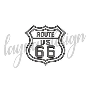 May include: A black and white graphic of a Route 66 sign. The sign is a shield shape with the words "Route US 66" inside.