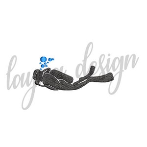 May include: A black silhouette of a scuba diver with an oxygen tank and flippers, with blue bubbles rising above the diver.