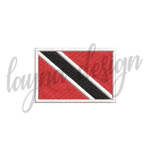 May include: A white-bordered patch with the flag of Trinidad and Tobago. The flag is red with a diagonal black band with white borders.