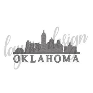 May include: A black and white silhouette of the Oklahoma City skyline with the word "OKLAHOMA" underneath.