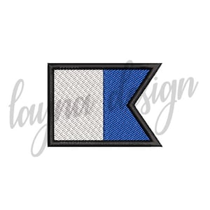 Puede incluir: Una bandera de señales náuticas blanca y azul con un borde negro. La bandera es un rectángulo blanco con un triángulo azul en el lado derecho.