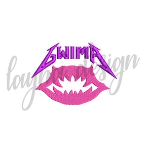 May include: A pink embroidered design featuring a stylized mouth with sharp teeth and the word "GWIMA" in purple, with purple lightning bolt accents. The design is on a white background.