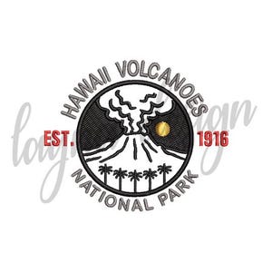 May include: Circular emblem featuring a volcano erupting with smoke, a yellow sun, and palm trees. The text "HAWAII VOLCANOES NATIONAL PARK" and "EST. 1916" are in a circular design. The design is primarily black and white with red accents.