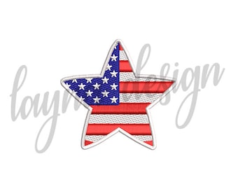 Pode incluir: Um design de bandeira americana vermelha, branca e azul em forma de estrela. A estrela é contornada de branco.