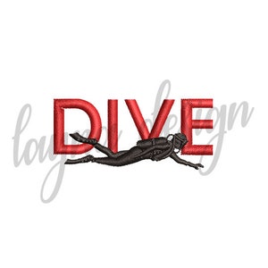 May include: Red embroidered letters spelling "DIVE" with a black silhouette of a scuba diver swimming through the letters.