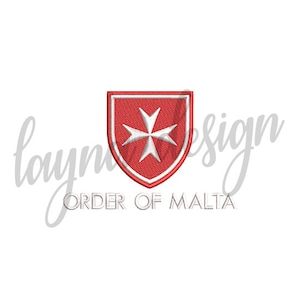 Può includere: Uno scudo rosso con una croce bianca di Malta al centro. Il testo "Ordine di Malta" è sotto lo scudo.
