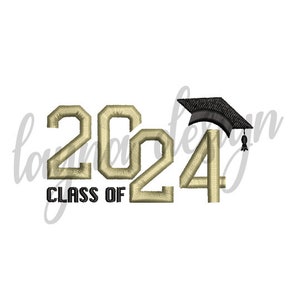 May include: Gold embroidered "2024" with a black graduation cap and the words "Class of" in black. The design is on a white background, suitable for graduation-themed products.
