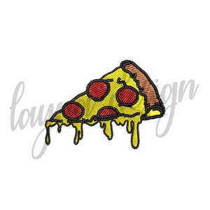 May include: A yellow and red embroidered design of a pizza slice with pepperoni and melted cheese dripping down the sides.