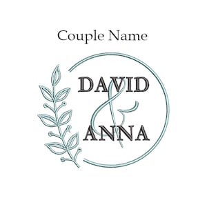 May include: A white background features a teal floral design and a teal circle with the names "DAVID & ANNA" in dark grey. The text "Couple Name" is above the design.