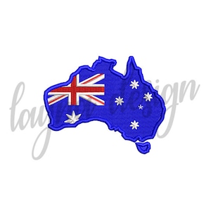 May include: A blue outline of the continent of Australia with the Australian flag in the left side of the map. The flag is red, white, and blue with a Union Jack in the upper left corner and a constellation of seven white stars in the lower right corner.