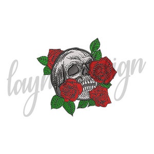 May include: A white skull with a black outline is surrounded by red roses with green leaves. The skull is facing to the right and the roses are arranged around it.
