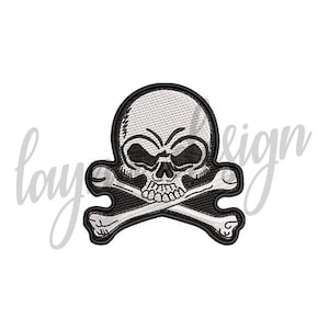 May include: Black and white embroidered patch of a skull and crossbones. The skull has a menacing expression with dark eye sockets and a toothy grin. The crossbones are simple and symmetrical.
