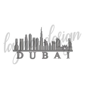 Op de afbeelding: Een geborduurd ontwerp in grijs met de skyline van Dubai en het woord "DUBAI" eronder.