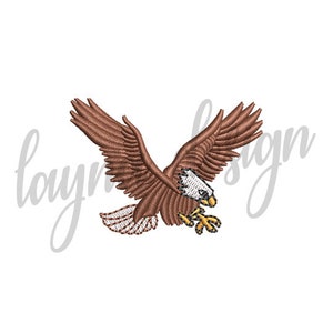 May include: A brown and white eagle with its wings spread out in flight. The eagle has a white head and a yellow beak.