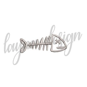 May include: A silver embroidered design of a fish skeleton. The skeleton is stylized with a simple, curved shape for the head and tail, and a series of straight lines for the bones.