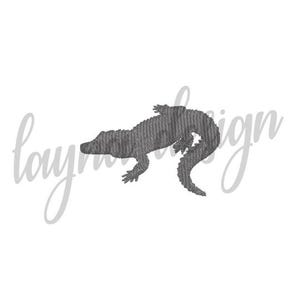 May include: A gray silhouette of an alligator or crocodile with its tail curled under its body.