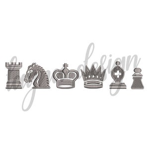May include: A set of six grey embroidered chess pieces, including a rook, knight, bishop, king, queen and pawn.