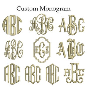 May include: A collection of nine beige embroidered monogram designs featuring the text Custom Monogram at the top. The monograms display various letter styles including block, script, and gothic fonts, with some enclosed in circular or ornate frames.