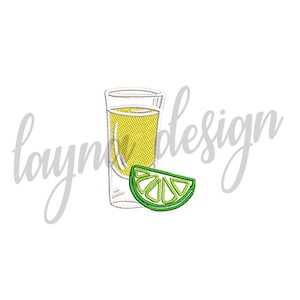 May include: A white outline of a shot glass filled with yellow liquid and a lime wedge.