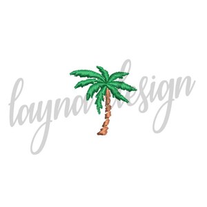May include: A green palm tree with a brown trunk, embroidered on a white background.